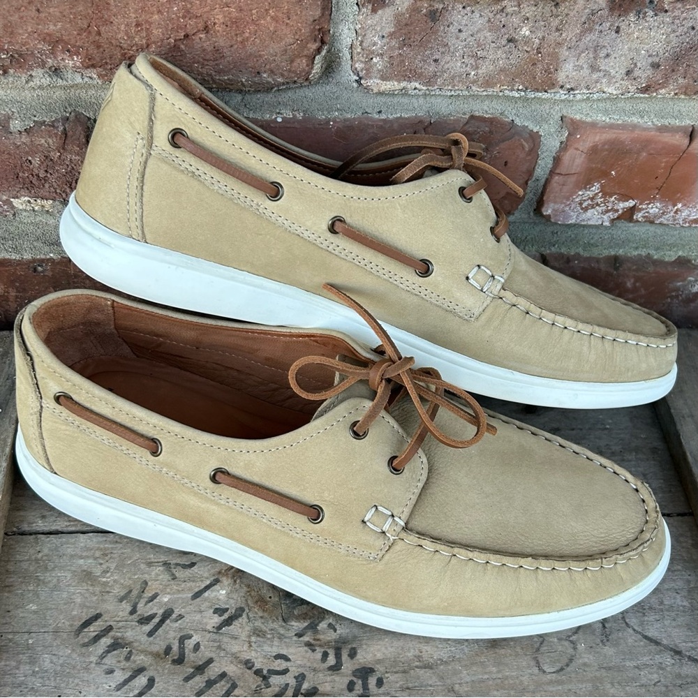 Johnston Murphy Men's Brannon Boat Shoes 10M Two Eye Tie Tan Leather